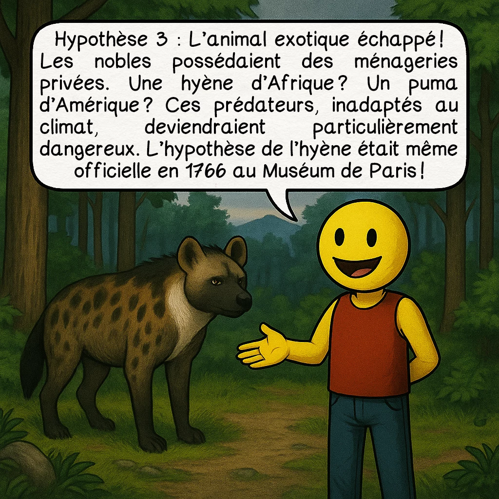 La bête du Gévaudan, case 5 : Hypothèse 3 : L’animal exotique échappé ! Les nobles possédaient des ménageries privées. Une hyène d’Afrique ? Un puma d’Amérique ? Ces prédateurs, inadaptés au climat, deviendraient particulièrement dangereux. L’hypothèse de l’hyène était même officielle en 1766 au Muséum de Paris !