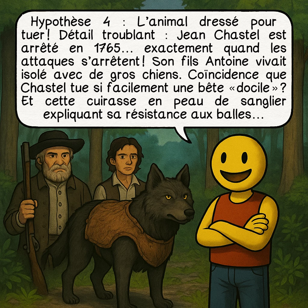 La bête du Gévaudan, case 6 : Hypothèse 4 : L’animal dressé pour tuer ! Détail troublant : Jean Chastel est arrêté en 1765… exactement quand les attaques s’arrêtent ! Son fils Antoine vivait isolé avec de gros chiens. Coïncidence que Chastel tue si facilement une bête « docile » ? Et cette cuirasse en peau de sanglier expliquant sa résistance aux balles…