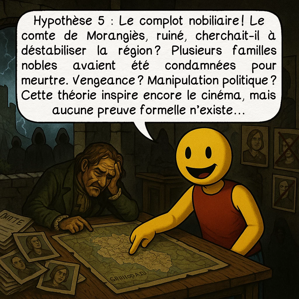 La bête du Gévaudan, case 7 : Hypothèse 5 : Le complot nobiliaire ! Le comte de Morangiès, ruiné, cherchait-il à déstabiliser la région ? Plusieurs familles nobles avaient été condamnées pour meurtre. Vengeance ? Manipulation politique ? Cette théorie inspire encore le cinéma, mais aucune preuve formelle n’existe…
