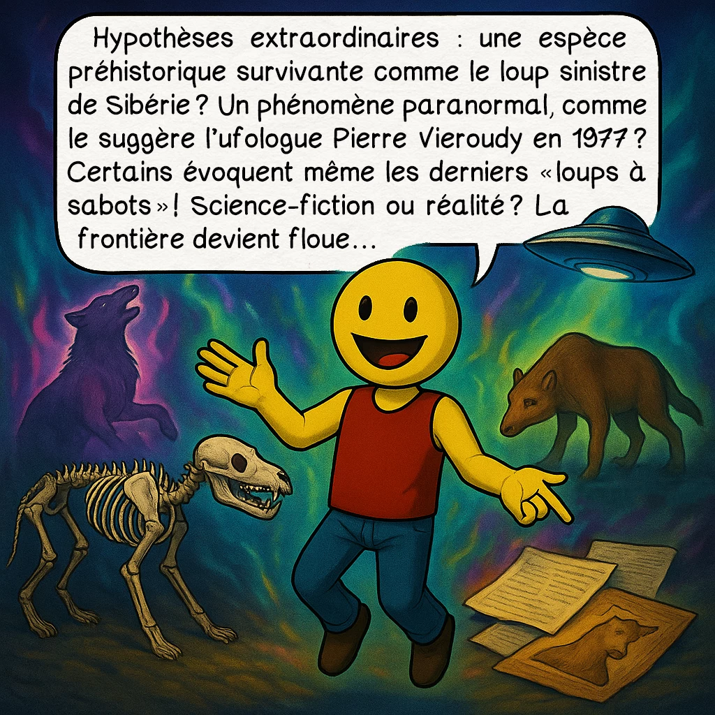 La bête du Gévaudan, case 8 : Hypothèses extraordinaires : une espèce préhistorique survivante comme le loup sinistre de Sibérie ? Un phénomène paranormal, comme le suggère l’ufologue Pierre Vieroudy en 1977 ? Certains évoquent même les derniers « loups à sabots » ! Science-fiction ou réalité ? La frontière devient floue…