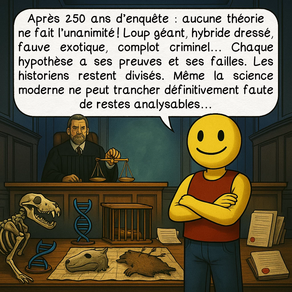 La bête du Gévaudan, case 9 : Après 250 ans d’enquête : aucune théorie ne fait l’unanimité ! Loup géant, hybride dressé, fauve exotique, complot criminel… Chaque hypothèse a ses preuves et ses failles. Les historiens restent divisés. Même la science moderne ne peut trancher définitivement faute de restes analysables…
