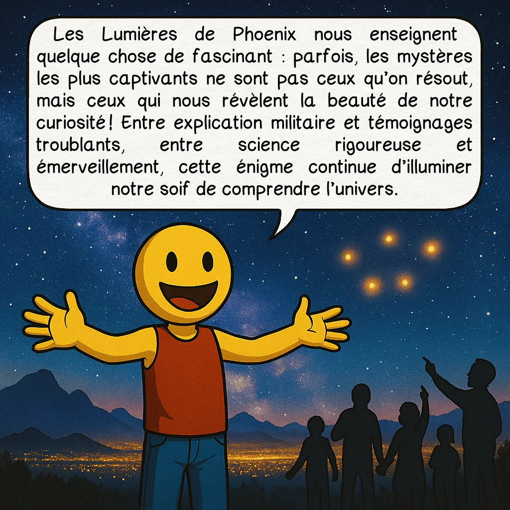 Les lumières de Phoenix, case 10 : Les Lumières de Phoenix nous enseignent quelque chose de fascinant : parfois, les mystères les plus captivants ne sont pas ceux qu’on résout, mais ceux qui nous révèlent la beauté de notre curiosité ! Entre explication militaire et témoignages troublants, entre science rigoureuse et émerveillement, cette énigme continue d’illuminer notre soif de comprendre l’univers.