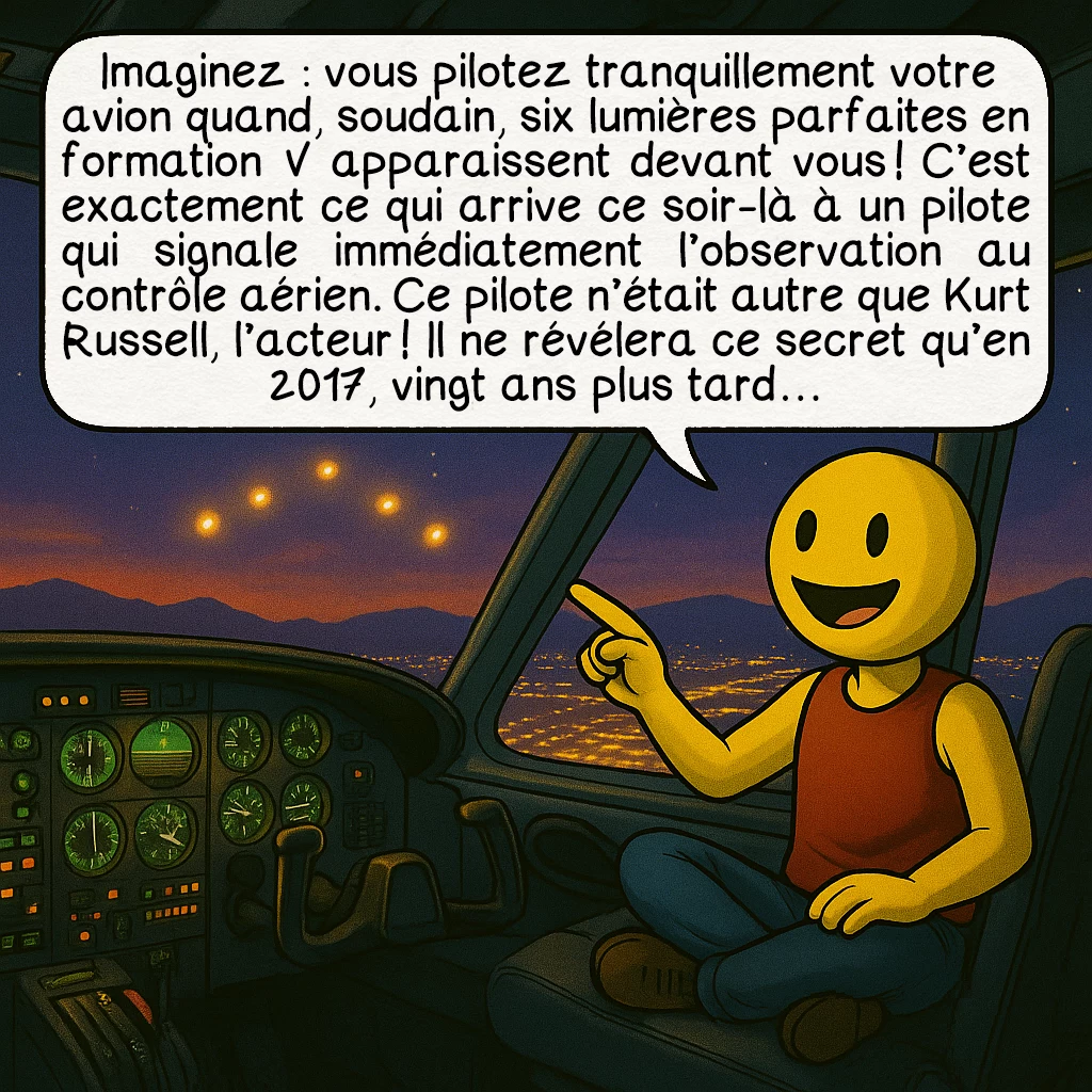 Les lumières de Phoenix, case 2 : Imaginez : vous pilotez tranquillement votre avion quand, soudain, six lumières parfaites en formation V apparaissent devant vous ! C’est exactement ce qui arrive ce soir-là à un pilote qui signale immédiatement l’observation au contrôle aérien. Ce pilote n’était autre que Kurt Russell, l’acteur ! Il ne révélera ce secret qu’en 2017, vingt ans plus tard…