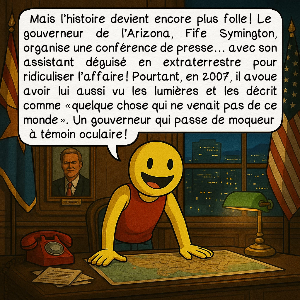 Les lumières de Phoenix, case 3 : Mais l’histoire devient encore plus folle ! Le gouverneur de l’Arizona, Fife Symington, organise une conférence de presse… avec son assistant déguisé en extraterrestre pour ridiculiser l’affaire ! Pourtant, en 2007, il avoue avoir lui aussi vu les lumières et les décrit comme « quelque chose qui ne venait pas de ce monde ». Un gouverneur qui passe de moqueur à témoin oculaire !
