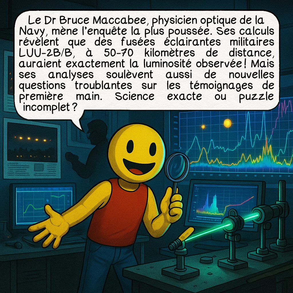 Les lumières de Phoenix, case 6 : Le Dr Bruce Maccabee, physicien optique de la Navy, mène l’enquête la plus poussée. Ses calculs révèlent que des fusées éclairantes militaires LUU-2B/B, à 50-70 kilomètres de distance, auraient exactement la luminosité observée ! Mais ses analyses soulèvent aussi de nouvelles questions troublantes sur les témoignages de première main. Science exacte ou puzzle incomplet ?