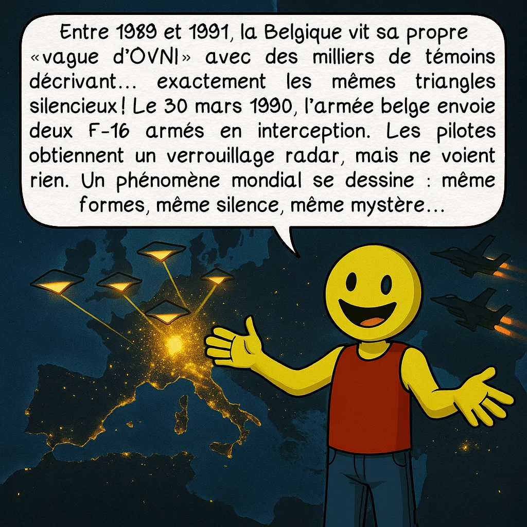 Les lumières de Phoenix, case 7 : Entre 1989 et 1991, la Belgique vit sa propre « vague d’OVNI » avec des milliers de témoins décrivant… exactement les mêmes triangles silencieux ! Le 30 mars 1990, l’armée belge envoie deux F-16 armés en interception. Les pilotes obtiennent un verrouillage radar, mais ne voient rien. Un phénomène mondial se dessine : même formes, même silence, même mystère…