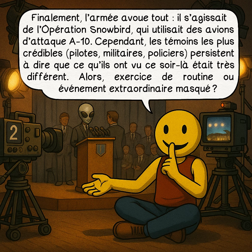 Les lumières de Phoenix, case 8 : Finalement, l’armée avoue tout : il s’agissait de l’Opération Snowbird, qui utilisait des avions d’attaque A-10. Cependant, les témoins les plus crédibles (pilotes, militaires, policiers) persistent à dire que ce qu’ils ont vu ce soir-là était très différent. Alors, exercice de routine ou événement extraordinaire masqué ?