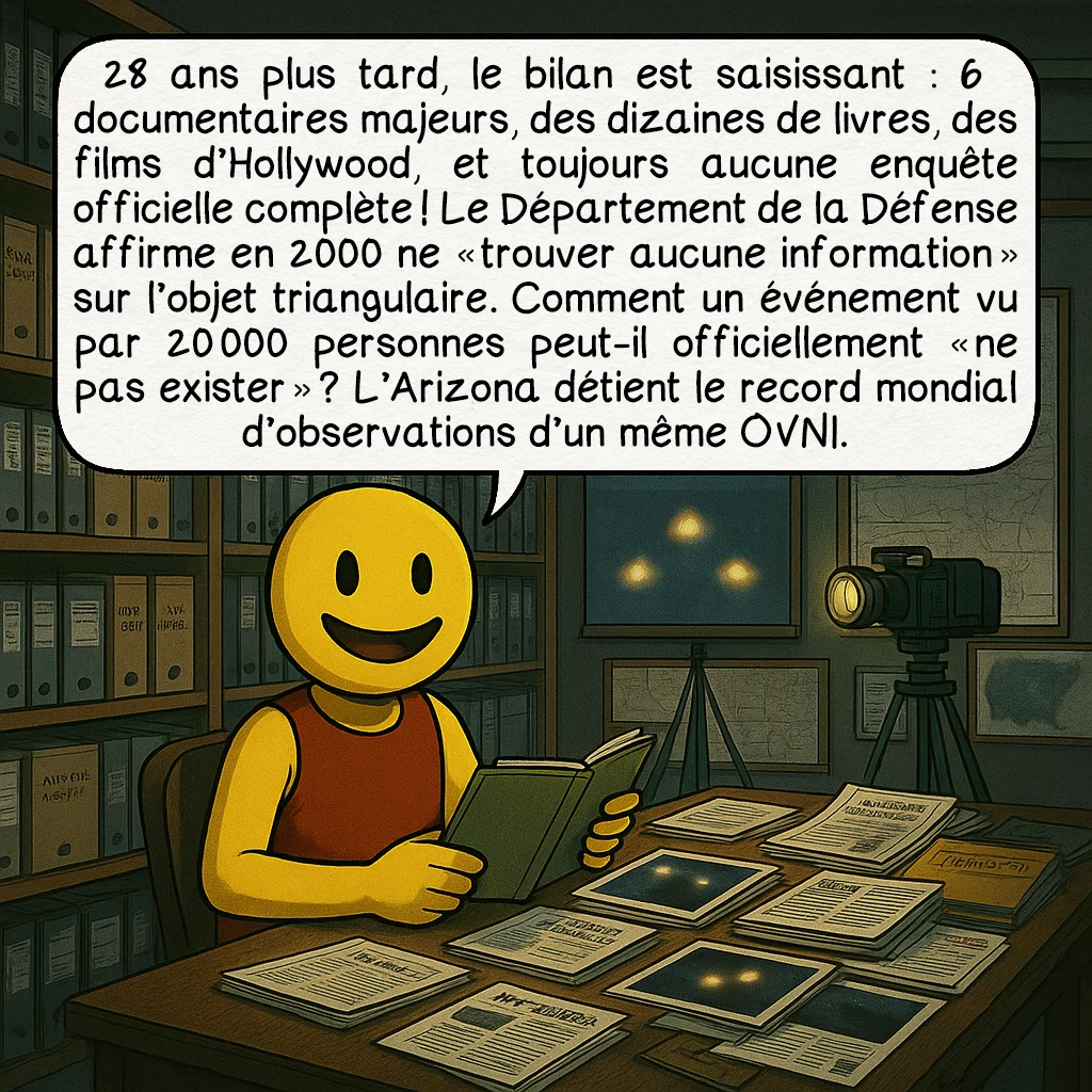Les lumières de Phoenix, case 9 : 28 ans plus tard, le bilan est saisissant : 6 documentaires majeurs, des dizaines de livres, des films d’Hollywood, et toujours aucune enquête officielle complète ! Le Département de la Défense affirme en 2000 ne « trouver aucune information » sur l’objet triangulaire. Comment un événement vu par 20 000 personnes peut-il officiellement « ne pas exister » ? L’Arizona détient le record mondial d’observations d’un même OVNI.