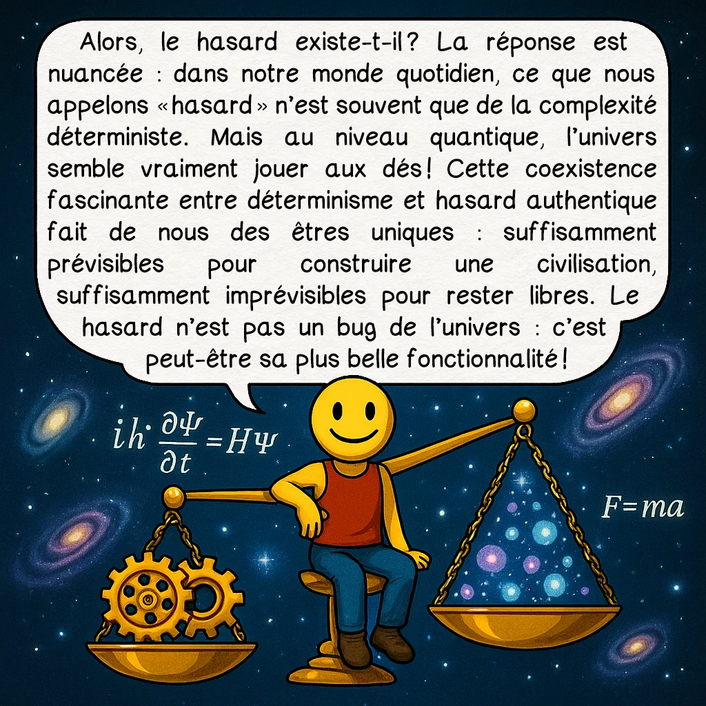 Les générateurs de nombres aléatoires, case 10 : Alors, le hasard existe-t-il ? La réponse est nuancée : dans notre monde quotidien, ce que nous appelons « hasard » n’est souvent que de la complexité déterministe. Mais au niveau quantique, l’univers semble vraiment jouer aux dés ! Cette coexistence fascinante entre déterminisme et hasard authentique fait de nous des êtres uniques : suffisamment prévisibles pour construire une civilisation, suffisamment imprévisibles pour rester libres. Le hasard n’est pas un bug de l’univers : c’est peut-être sa plus belle fonctionnalité !