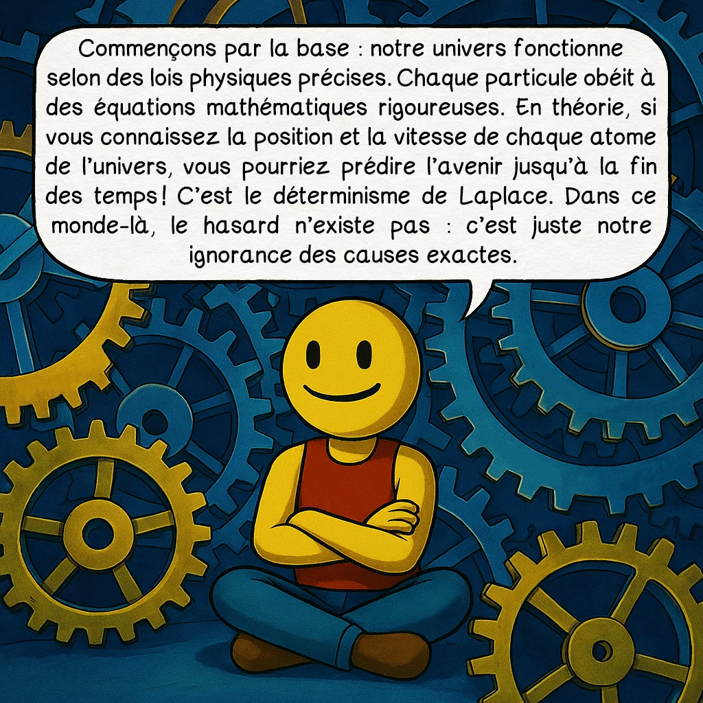 Les générateurs de nombres aléatoires, case 2 : Commençons par la base : notre univers fonctionne selon des lois physiques précises. Chaque particule obéit à des équations mathématiques rigoureuses. En théorie, si vous connaissez la position et la vitesse de chaque atome de l’univers, vous pourriez prédire l’avenir jusqu’à la fin des temps ! C’est le déterminisme de Laplace. Dans ce monde-là, le hasard n’existe pas : c’est juste notre ignorance des causes exactes.