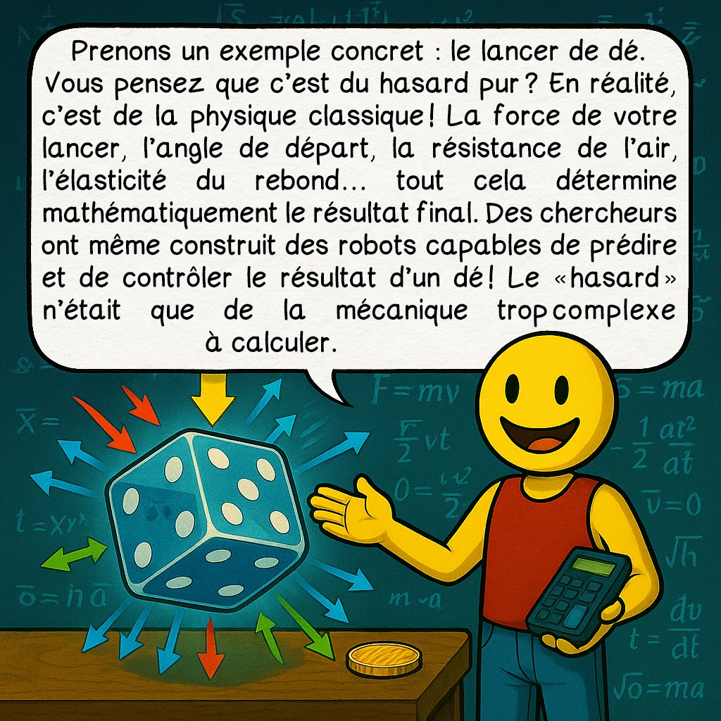 Les générateurs de nombres aléatoires, case 3 : Prenons un exemple concret : le lancer de dé. Vous pensez que c’est du hasard pur ? En réalité, c’est de la physique classique ! La force de votre lancer, l’angle de départ, la résistance de l’air, l’élasticité du rebond… tout cela détermine mathématiquement le résultat final. Des chercheurs ont même construit des robots capables de prédire et de contrôler le résultat d’un dé ! Le « hasard » n’était que de la mécanique trop complexe à calculer.
