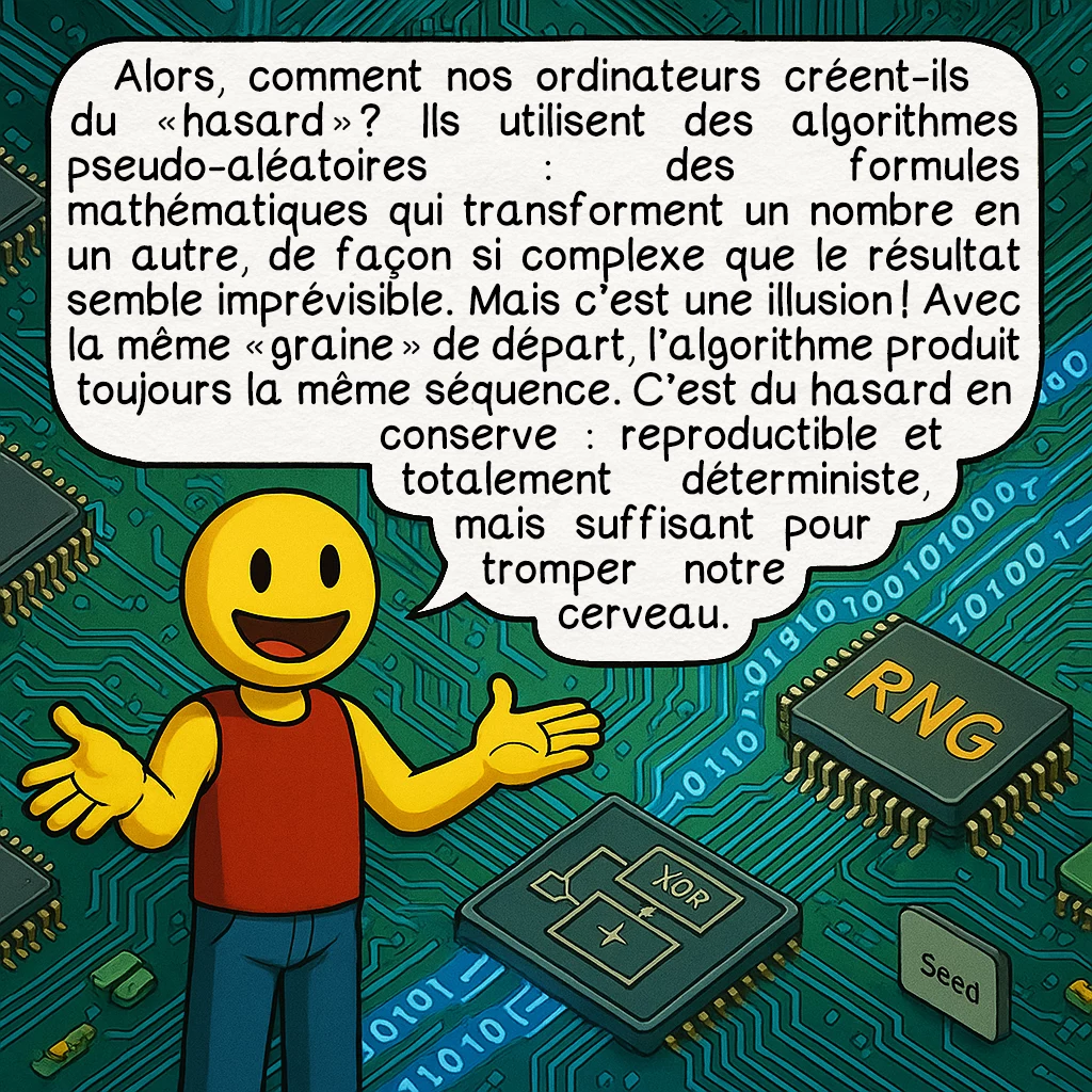Les générateurs de nombres aléatoires, case 4 : Alors, comment nos ordinateurs créent-ils du « hasard » ? Ils utilisent des algorithmes pseudo-aléatoires : des formules mathématiques qui transforment un nombre en un autre, de façon si complexe que le résultat semble imprévisible. Mais c’est une illusion ! Avec la même « graine » de départ, l’algorithme produit toujours la même séquence. C’est du hasard en conserve : reproductible et totalement déterministe, mais suffisant pour tromper notre cerveau.