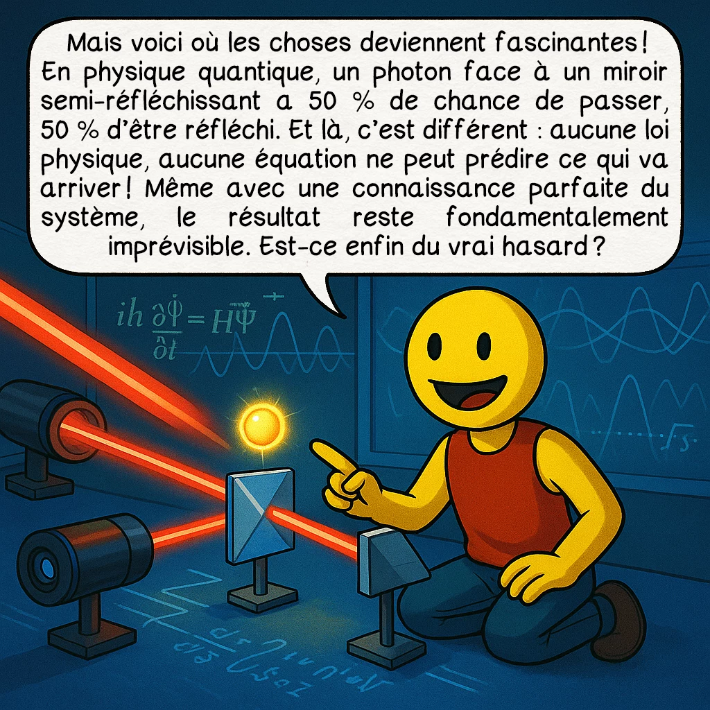 Les générateurs de nombres aléatoires, case 5 : Mais voici où les choses deviennent fascinantes ! En physique quantique, un photon face à un miroir semi-réfléchissant a 50 % de chance de passer, 50 % d’être réfléchi. Et là, c’est différent : aucune loi physique, aucune équation ne peut prédire ce qui va arriver ! Même avec une connaissance parfaite du système, le résultat reste fondamentalement imprévisible. Est-ce enfin du vrai hasard ?