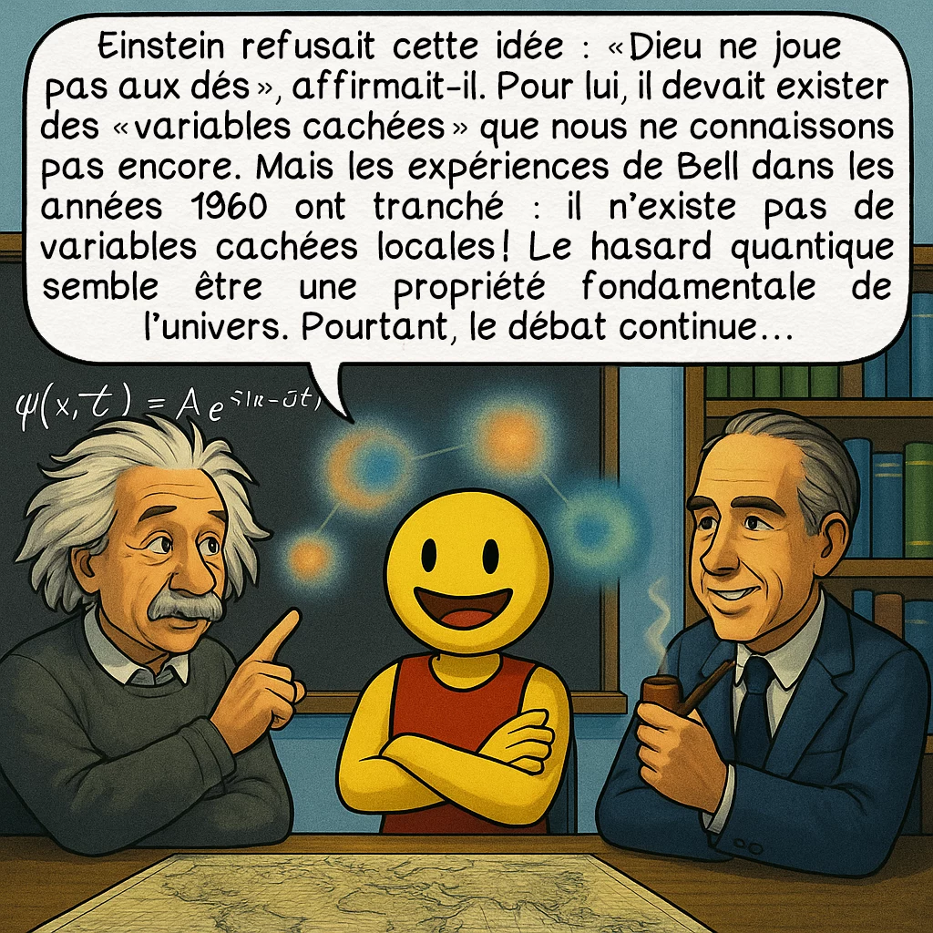 Les générateurs de nombres aléatoires, case 6 : Einstein refusait cette idée : « Dieu ne joue pas aux dés », affirmait-il. Pour lui, il devait exister des « variables cachées » que nous ne connaissons pas encore. Mais les expériences de Bell dans les années 1960 ont tranché : il n’existe pas de variables cachées locales ! Le hasard quantique semble être une propriété fondamentale de l’univers. Pourtant, le débat continue…