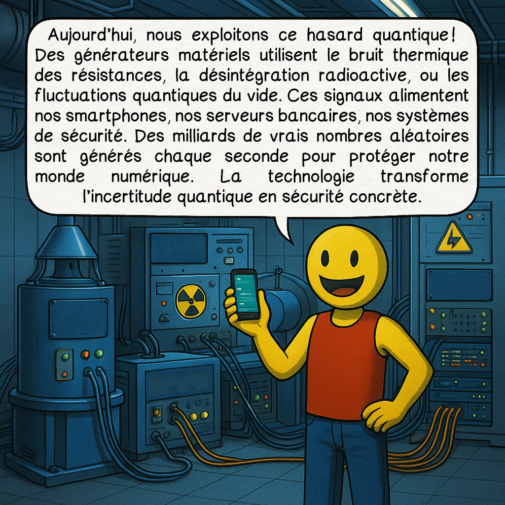 Les générateurs de nombres aléatoires, case 7 : Aujourd’hui, nous exploitons ce hasard quantique ! Des générateurs matériels utilisent le bruit thermique des résistances, la désintégration radioactive, ou les fluctuations quantiques du vide. Ces signaux alimentent nos smartphones, nos serveurs bancaires, nos systèmes de sécurité. Des milliards de vrais nombres aléatoires sont générés chaque seconde pour protéger notre monde numérique. La technologie transforme l’incertitude quantique en sécurité concrète.
