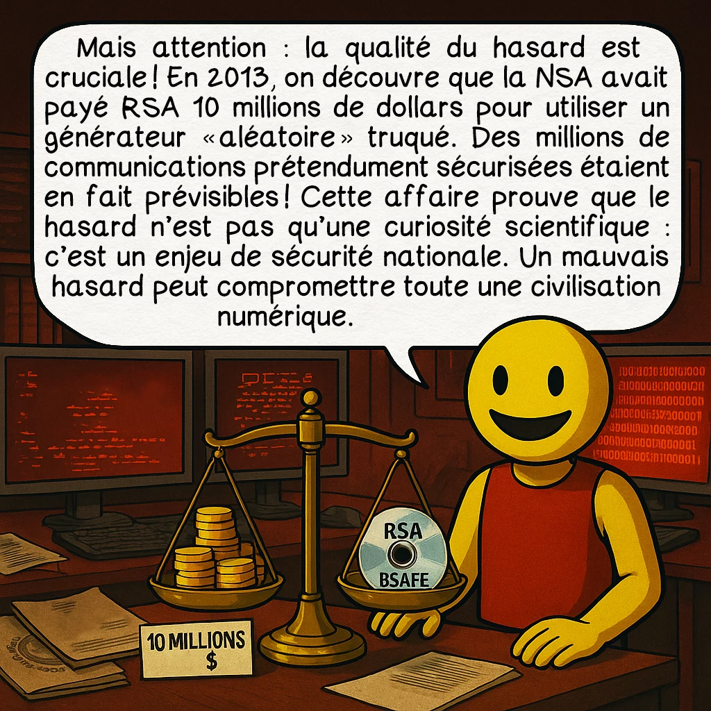 Les générateurs de nombres aléatoires, case 8 : Mais attention : la qualité du hasard est cruciale ! En 2013, on découvre que la NSA avait payé RSA 10 millions de dollars pour utiliser un générateur « aléatoire » truqué. Des millions de communications prétendument sécurisées étaient en fait prévisibles ! Cette affaire prouve que le hasard n’est pas qu’une curiosité scientifique : c’est un enjeu de sécurité nationale. Un mauvais hasard peut compromettre toute une civilisation numérique.