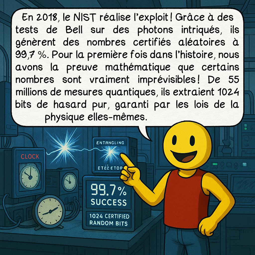 Les générateurs de nombres aléatoires, case 9 : En 2018, le NIST réalise l’exploit ! Grâce à des tests de Bell sur des photons intriqués, ils génèrent des nombres certifiés aléatoires à 99,7 %. Pour la première fois dans l’histoire, nous avons la preuve mathématique que certains nombres sont vraiment imprévisibles ! De 55 millions de mesures quantiques, ils extraient 1024 bits de hasard pur, garanti par les lois de la physique elles-mêmes.