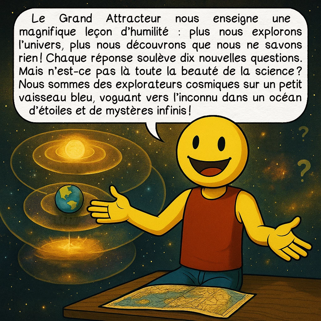 Le Grand attracteur, case 10 : Le Grand Attracteur nous enseigne une magnifique leçon d’humilité : plus nous explorons l’univers, plus nous découvrons que nous ne savons rien ! Chaque réponse soulève dix nouvelles questions. Mais n’est-ce pas là toute la beauté de la science ? Nous sommes des explorateurs cosmiques sur un petit vaisseau bleu, voguant vers l’inconnu dans un océan d’étoiles et de mystères infinis !