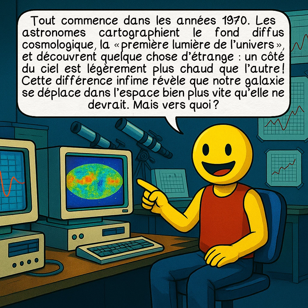 Le Grand attracteur, case 2 : Tout commence dans les années 1970. Les astronomes cartographient le fond diffus cosmologique, la « première lumière de l’univers », et découvrent quelque chose d’étrange : un côté du ciel est légèrement plus chaud que l’autre ! Cette différence infime révèle que notre galaxie se déplace dans l’espace bien plus vite qu’elle ne devrait. Mais vers quoi ?
