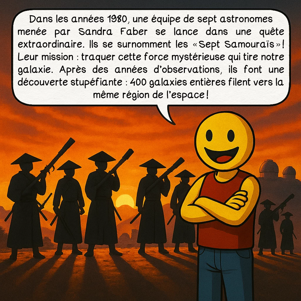 Le Grand attracteur, case 3 : Dans les années 1980, une équipe de sept astronomes menée par Sandra Faber se lance dans une quête extraordinaire. Ils se surnomment les « Sept Samouraïs » ! Leur mission : traquer cette force mystérieuse qui tire notre galaxie. Après des années d’observations, ils font une découverte stupéfiante : 400 galaxies entières filent vers la même région de l’espace !