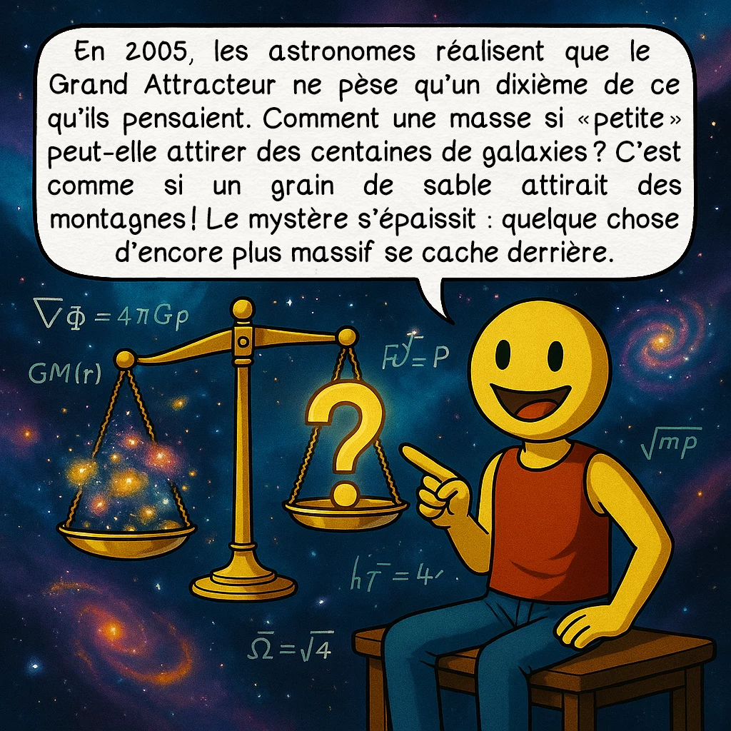 Le Grand attracteur, case 5 : En 2014, stupeur ! Les astronomes découvrent que nous vivons dans une structure gigantesque baptisée « Laniakea » (« ciel immense » en hawaïen). Notre voie lactée n’est qu’une galaxie parmi 100 000 autres dans ce superamas de 500 millions d’années-lumière de diamètre ! Et au cœur de cette toile cosmique se cache notre mystérieux Grand Attracteur.