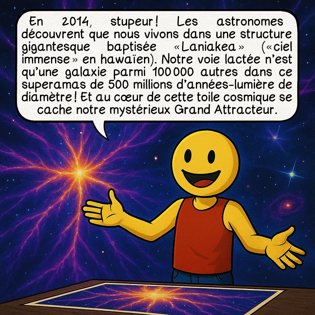 Le Grand attracteur, case 6 : En 2005, les astronomes réalisent que le Grand Attracteur ne pèse qu’un dixième de ce qu’ils pensaient. Comment une masse si « petite » peut-elle attirer des centaines de galaxies ? C’est comme si un grain de sable attirait des montagnes ! Le mystère s’épaissit : quelque chose d’encore plus massif se cache derrière.