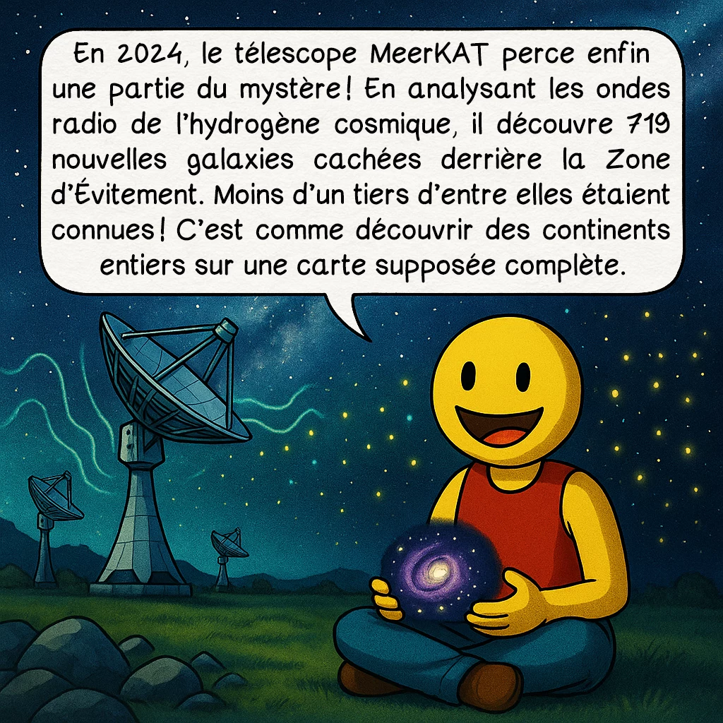 Le Grand attracteur, case 7 : En 2024, le télescope MeerKAT perce enfin une partie du mystère ! En analysant les ondes radio de l’hydrogène cosmique, il découvre 719 nouvelles galaxies cachées derrière la Zone d’Évitement. Moins d’un tiers d’entre elles étaient connues ! C’est comme découvrir des continents entiers sur une carte supposée complète.