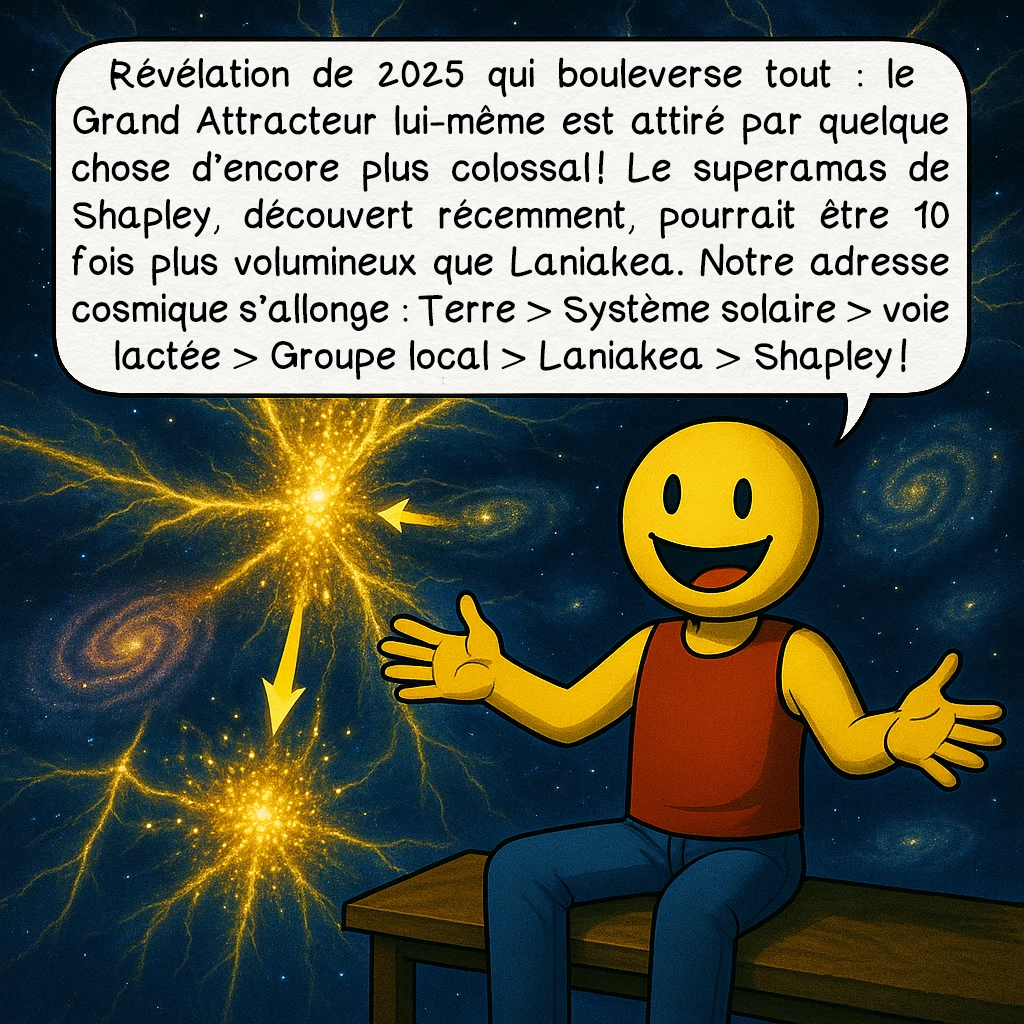 Le Grand attracteur, case 8 : Révélation de 2025 qui bouleverse tout : le Grand Attracteur lui-même est attiré par quelque chose d’encore plus colossal ! Le superamas de Shapley, découvert récemment, pourrait être 10 fois plus volumineux que Laniakea. Notre adresse cosmique s’allonge : Terre > Système solaire > voie lactée > Groupe local > Laniakea > Shapley !