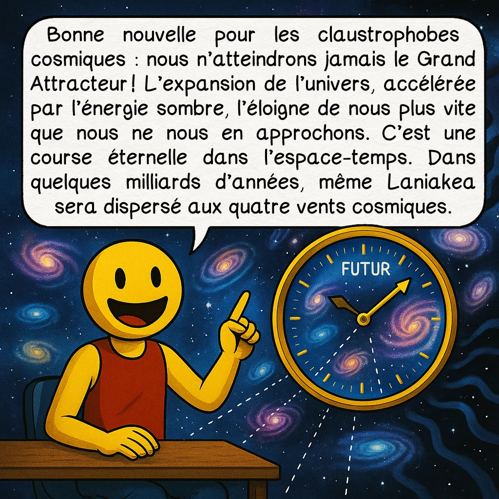 Le Grand attracteur, case 9 : Bonne nouvelle pour les claustrophobes cosmiques : nous n’atteindrons jamais le Grand Attracteur ! L’expansion de l’univers, accélérée par l’énergie sombre, l’éloigne de nous plus vite que nous ne nous en approchons. C’est une course éternelle dans l’espace-temps. Dans quelques milliards d’années, même Laniakea sera dispersé aux quatre vents cosmiques.