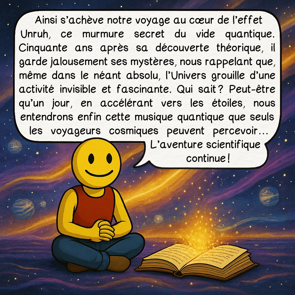 L’effet Unruh, case 10 : Ainsi s’achève notre voyage au cœur de l’effet Unruh, ce murmure secret du vide quantique. Cinquante ans après sa découverte théorique, il garde jalousement ses mystères, nous rappelant que, même dans le néant absolu, l’Univers grouille d’une activité invisible et fascinante. Qui sait ? Peut-être qu’un jour, en accélérant vers les étoiles, nous entendrons enfin cette musique quantique que seuls les voyageurs cosmiques peuvent percevoir… L’aventure scientifique continue !
