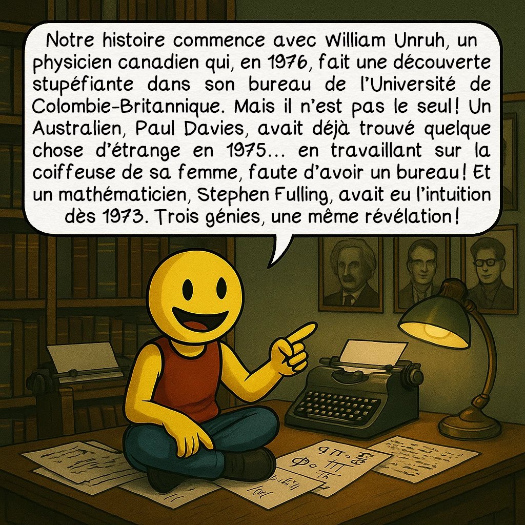 L’effet Unruh, case 2 : Notre histoire commence avec William Unruh, un physicien canadien qui, en 1976, fait une découverte stupéfiante dans son bureau de l’Université de Colombie-Britannique. Mais il n’est pas le seul ! Un Australien, Paul Davies, avait déjà trouvé quelque chose d’étrange en 1975… en travaillant sur la coiffeuse de sa femme, faute d’avoir un bureau ! Et un mathématicien, Stephen Fulling, avait eu l’intuition dès 1973. Trois génies, une même révélation !