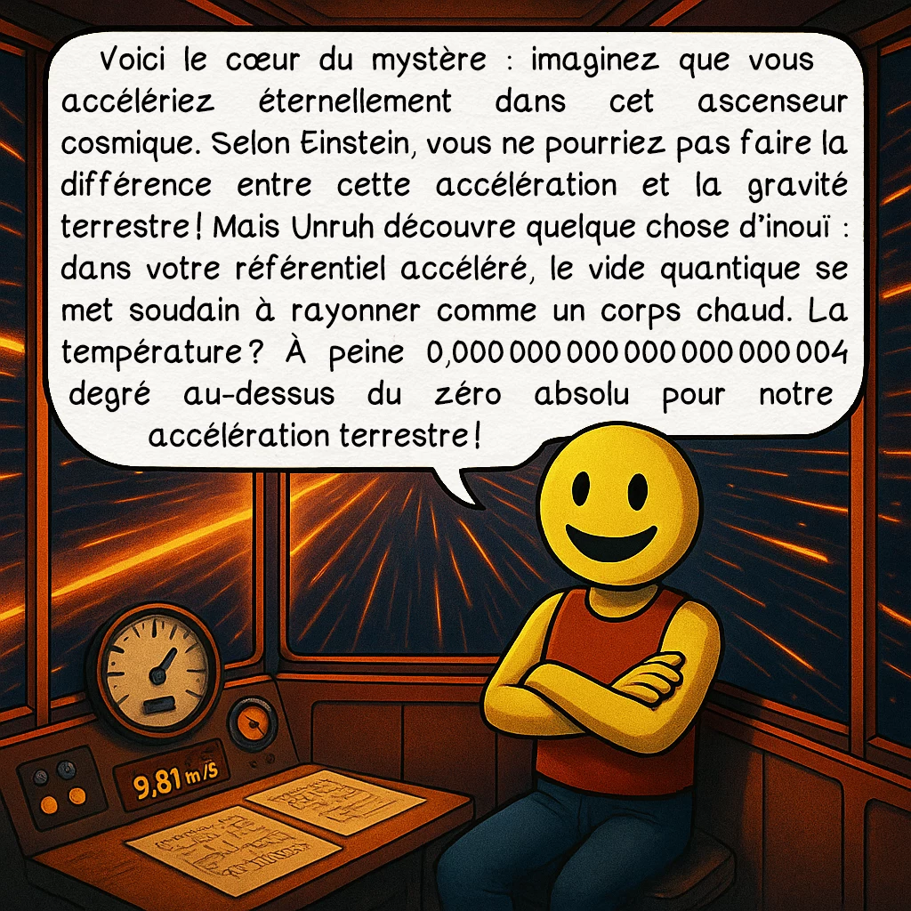 L’effet Unruh, case 3 : Voici le cœur du mystère : imaginez que vous accélériez éternellement dans cet ascenseur cosmique. Selon Einstein, vous ne pourriez pas faire la différence entre cette accélération et la gravité terrestre ! Mais Unruh découvre quelque chose d’inouï : dans votre référentiel accéléré, le vide quantique se met soudain à rayonner comme un corps chaud. La température ? À peine 0,000 000 000 000 000 000 004 degré au-dessus du zéro absolu pour notre accélération terrestre !
