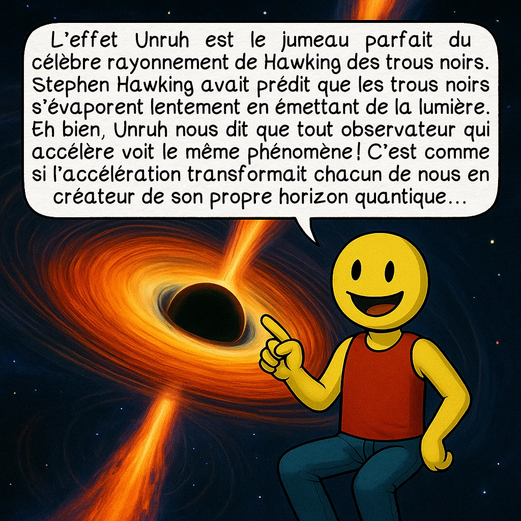 L’effet Unruh, case 5 : L’effet Unruh est le jumeau parfait du célèbre rayonnement de Hawking des trous noirs. Stephen Hawking avait prédit que les trous noirs s’évaporent lentement en émettant de la lumière. Eh bien, Unruh nous dit que tout observateur qui accélère voit le même phénomène ! C’est comme si l’accélération transformait chacun de nous en créateur de son propre horizon quantique…