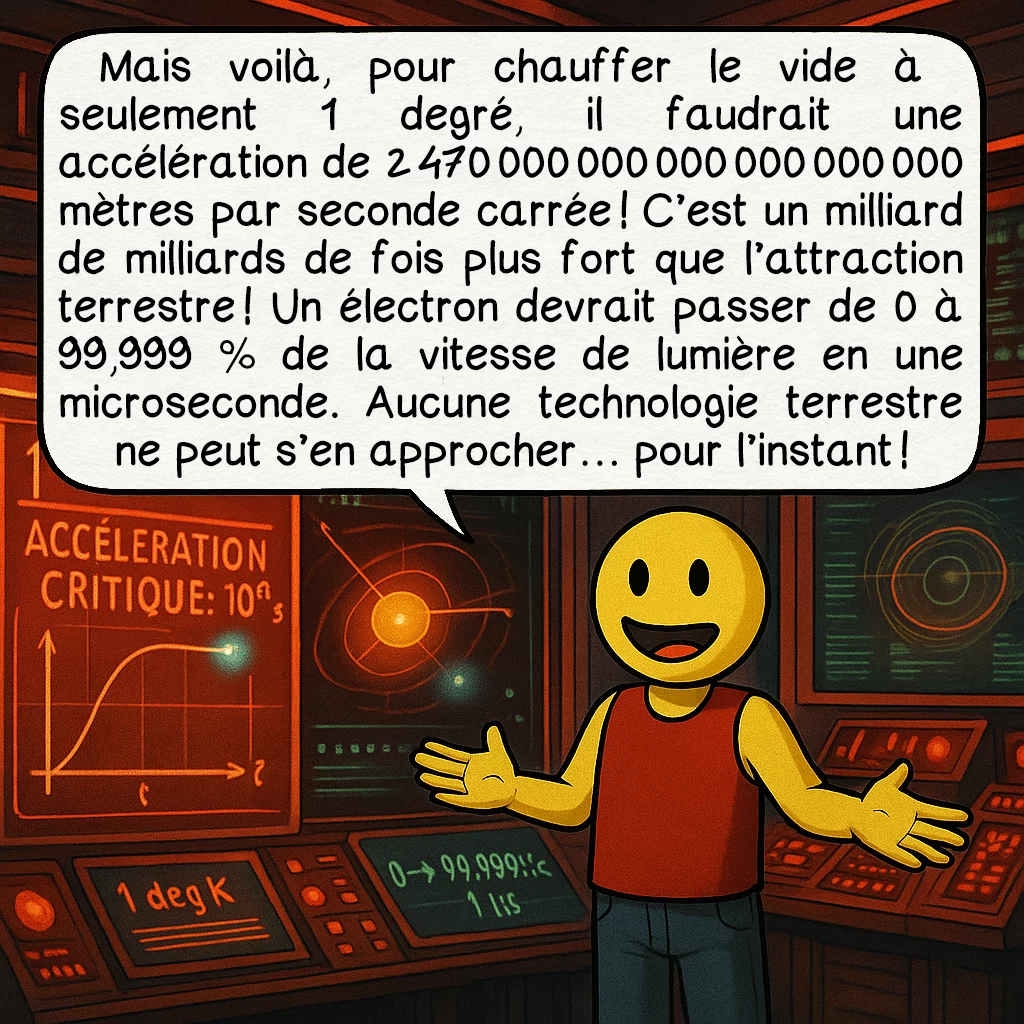 L’effet Unruh, case 6 : Mais voilà, pour chauffer le vide à seulement 1 degré, il faudrait une accélération de 2 470 000 000 000 000 000 000 mètres par seconde carrée ! C’est un milliard de milliards de fois plus fort que l’attraction terrestre ! Un électron devrait passer de 0 à 99,999 % de la vitesse de lumière en une microseconde. Aucune technologie terrestre ne peut s’en approcher… pour l’instant !