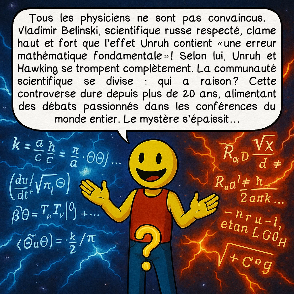 L’effet Unruh, case 7 : Tous les physiciens ne sont pas convaincus. Vladimir Belinski, scientifique russe respecté, clame haut et fort que l’effet Unruh contient « une erreur mathématique fondamentale » ! Selon lui, Unruh et Hawking se trompent complètement. La communauté scientifique se divise : qui a raison ? Cette controverse dure depuis plus de 20 ans, alimentant des débats passionnés dans les conférences du monde entier. Le mystère s’épaissit…