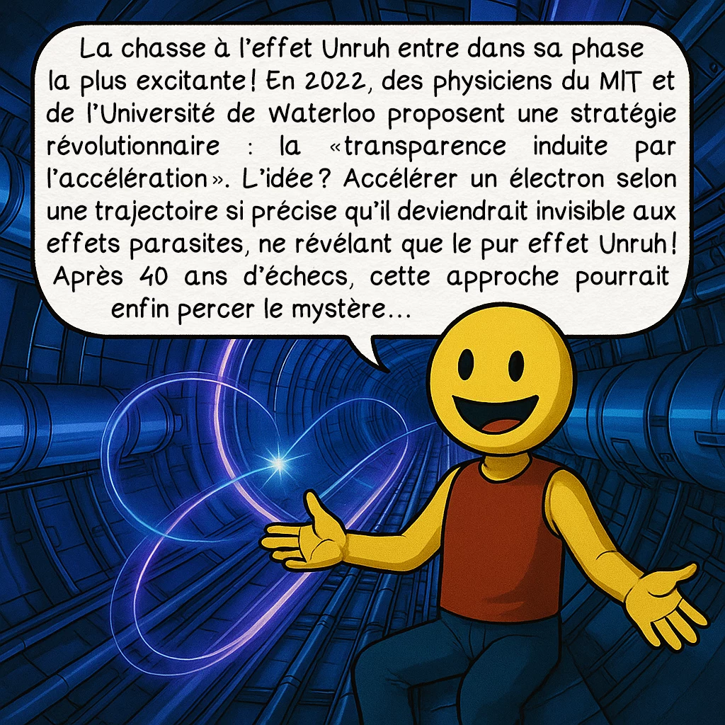 L’effet Unruh, case 8 : La chasse à l’effet Unruh entre dans sa phase la plus excitante ! En 2022, des physiciens du MIT et de l’Université de Waterloo proposent une stratégie révolutionnaire : la « transparence induite par l’accélération ». L’idée ? Accélérer un électron selon une trajectoire si précise qu’il deviendrait invisible aux effets parasites, ne révélant que le pur effet Unruh ! Après 40 ans d’échecs, cette approche pourrait enfin percer le mystère…