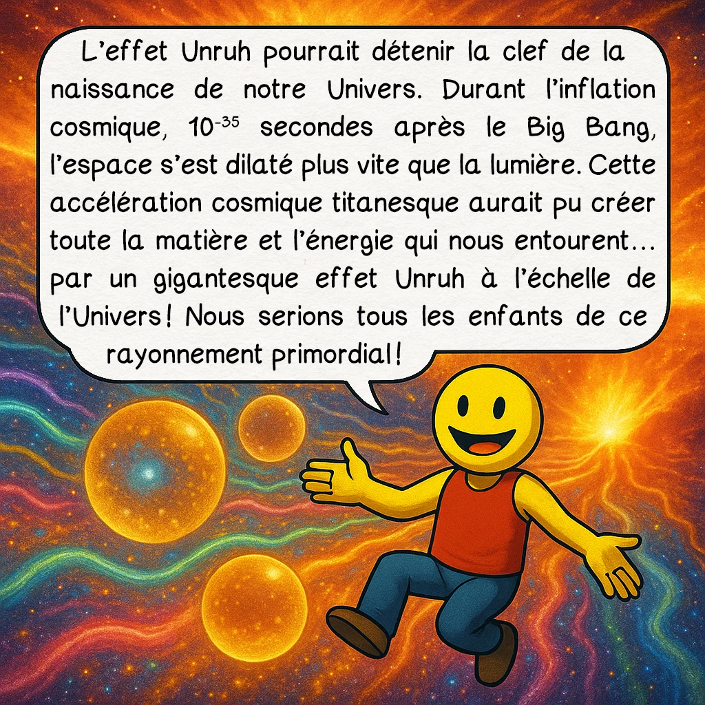 L’effet Unruh, case 9 : L’effet Unruh pourrait détenir la clef de la naissance de notre Univers. Durant l’inflation cosmique, 10⁻³⁵ secondes après le Big Bang, l’espace s’est dilaté plus vite que la lumière. Cette accélération cosmique titanesque aurait pu créer toute la matière et l’énergie qui nous entourent… par un gigantesque effet Unruh à l’échelle de l’Univers ! Nous serions tous les enfants de ce rayonnement primordial !