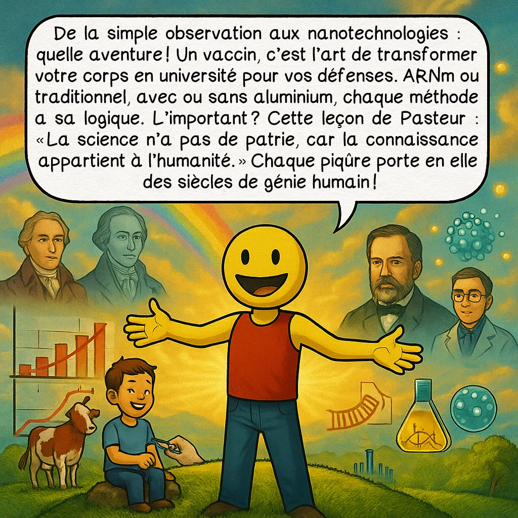 Les vaccins, case 10 : De la simple observation aux nanotechnologies : quelle aventure ! Un vaccin, c’est l’art de transformer votre corps en université pour vos défenses. ARNm ou traditionnel, avec ou sans aluminium, chaque méthode a sa logique. L’important ? Cette leçon de Pasteur : « La science n’a pas de patrie, car la connaissance appartient à l’humanité. » Chaque piqûre porte en elle des siècles de génie humain !