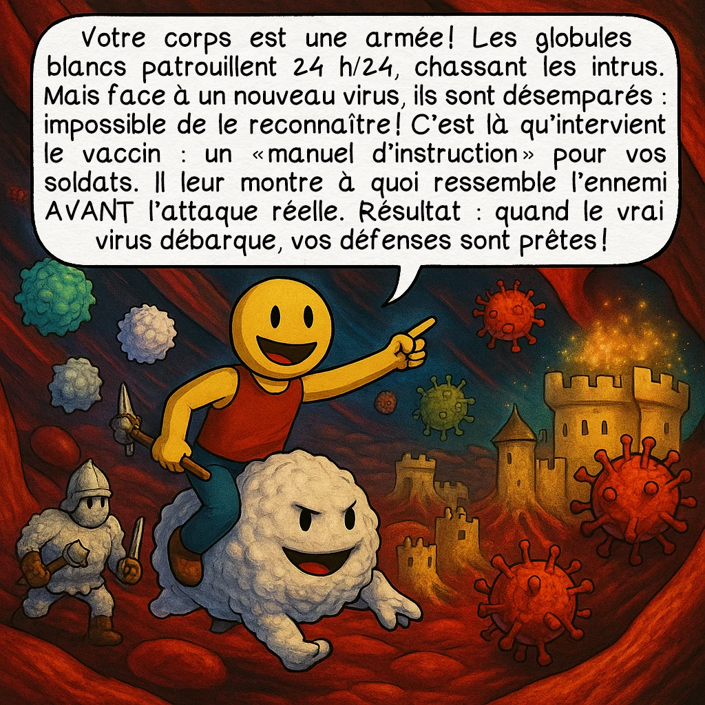 Les vaccins, case 2 : Votre corps est une armée ! Les globules blancs patrouillent 24 h/24, chassant les intrus. Mais face à un nouveau virus, ils sont désemparés : impossible de le reconnaître ! C’est là qu’intervient le vaccin : un « manuel d’instruction » pour vos soldats. Il leur montre à quoi ressemble l’ennemi AVANT l’attaque réelle. Résultat : quand le vrai virus débarque, vos défenses sont prêtes !