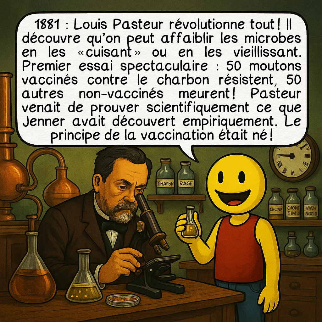 Les vaccins, case 4 : 1881 : Louis Pasteur révolutionne tout ! Il découvre qu’on peut affaiblir les microbes en les « cuisant » ou en les vieillissant. Premier essai spectaculaire : 50 moutons vaccinés contre le charbon résistent, 50 autres non-vaccinés meurent ! Pasteur venait de prouver scientifiquement ce que Jenner avait découvert empiriquement. Le principe de la vaccination était né !