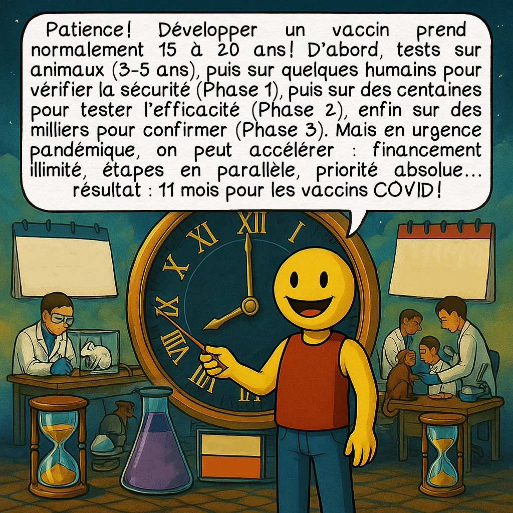 Les vaccins, case 5 : Patience ! Développer un vaccin prend normalement 15 à 20 ans ! D’abord, tests sur animaux (3-5 ans), puis sur quelques humains pour vérifier la sécurité (Phase 1), puis sur des centaines pour tester l’efficacité (Phase 2), enfin sur des milliers pour confirmer (Phase 3). Mais en urgence pandémique, on peut accélérer : financement illimité, étapes en parallèle, priorité absolue… résultat : 11 mois pour les vaccins COVID !