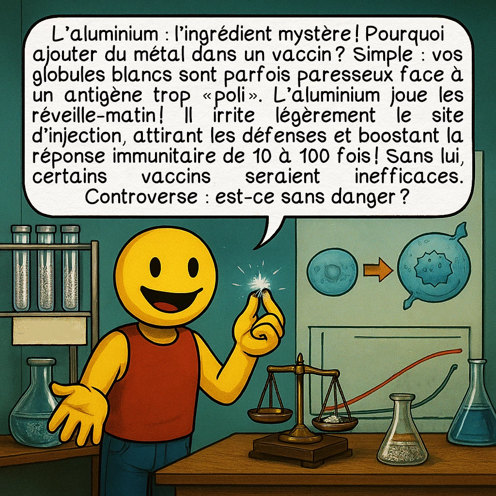 Les vaccins, case 6 : L’aluminium : l’ingrédient mystère ! Pourquoi ajouter du métal dans un vaccin ? Simple : vos globules blancs sont parfois paresseux face à un antigène trop « poli ». L’aluminium joue les réveille-matin ! Il irrite légèrement le site d’injection, attirant les défenses et boostant la réponse immunitaire de 10 à 100 fois ! Sans lui, certains vaccins seraient inefficaces. Controverse : est-ce sans danger ?
