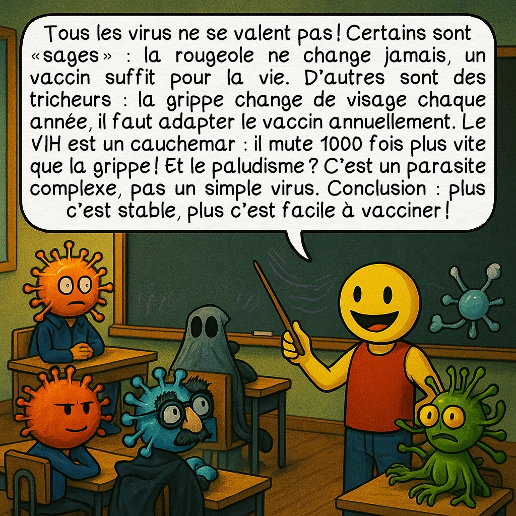 Les vaccins, case 7 : Tous les virus ne se valent pas ! Certains sont « sages » : la rougeole ne change jamais, un vaccin suffit pour la vie. D’autres sont des tricheurs : la grippe change de visage chaque année, il faut adapter le vaccin annuellement. Le VIH est un cauchemar : il mute 1000 fois plus vite que la grippe ! Et le paludisme ? C’est un parasite complexe, pas un simple virus. Conclusion : plus c’est stable, plus c’est facile à vacciner !