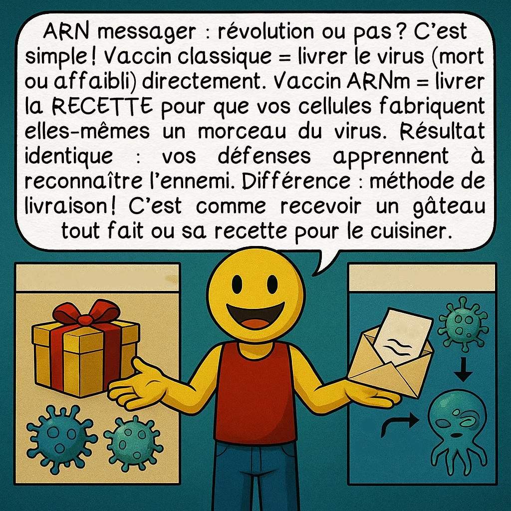 Les vaccins, case 8 : ARN messager : révolution ou pas ? C’est simple ! Vaccin classique = livrer le virus (mort ou affaibli) directement. Vaccin ARNm = livrer la RECETTE pour que vos cellules fabriquent elles-mêmes un morceau du virus. Résultat identique : vos défenses apprennent à reconnaître l’ennemi. Différence : méthode de livraison ! C’est comme recevoir un gâteau tout fait ou sa recette pour le cuisiner.