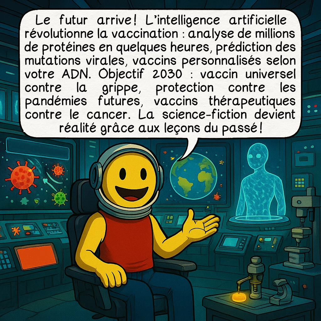 Les vaccins, case 9 : Le futur arrive ! L’intelligence artificielle révolutionne la vaccination : analyse de millions de protéines en quelques heures, prédiction des mutations virales, vaccins personnalisés selon votre ADN. Objectif 2030 : vaccin universel contre la grippe, protection contre les pandémies futures, vaccins thérapeutiques contre le cancer. La science-fiction devient réalité grâce aux leçons du passé !