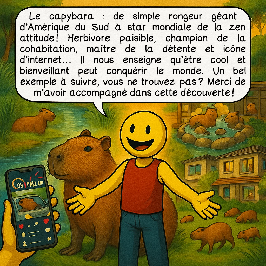 Le capybara, case 10 : Le capybara : de simple rongeur géant d’Amérique du Sud à star mondiale de la zen attitude ! Herbivore paisible, champion de la cohabitation, maître de la détente et icône d’internet… Il nous enseigne qu’être cool et bienveillant peut conquérir le monde. Un bel exemple à suivre, vous ne trouvez pas ? Merci de m’avoir accompagné dans cette découverte !
