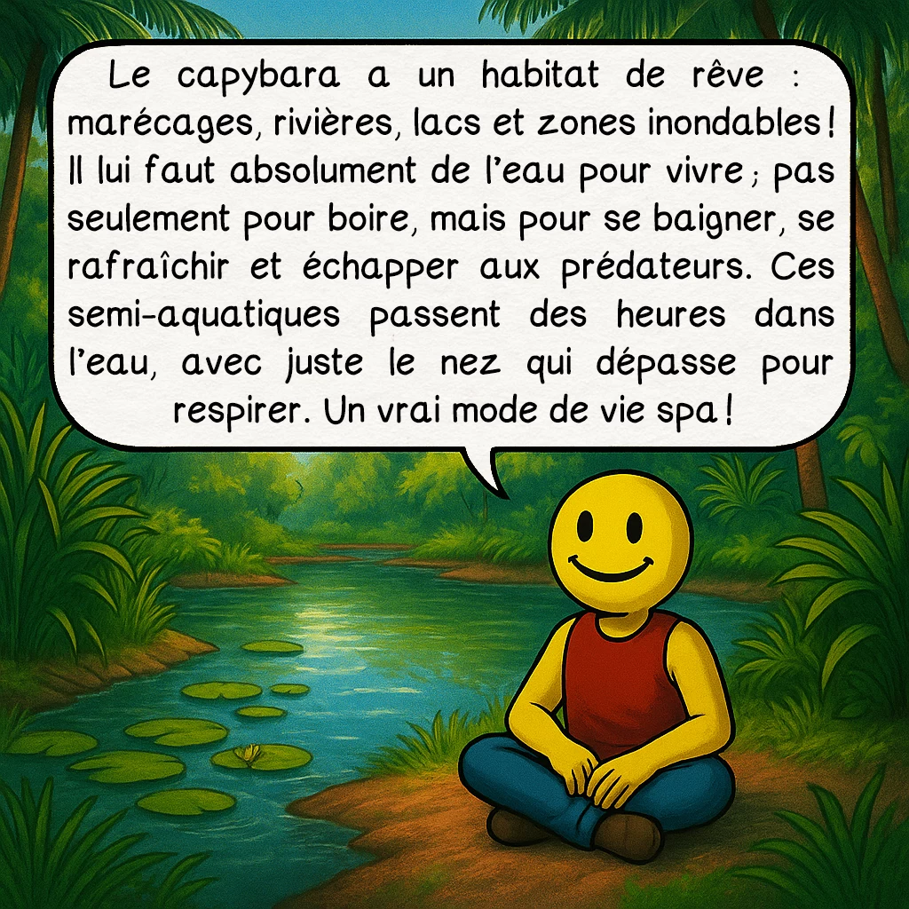 Le capybara, case 2 : Le capybara a un habitat de rêve : marécages, rivières, lacs et zones inondables ! Il lui faut absolument de l’eau pour vivre ; pas seulement pour boire, mais pour se baigner, se rafraîchir et échapper aux prédateurs. Ces semi-aquatiques passent des heures dans l’eau, avec juste le nez qui dépasse pour respirer. Un vrai mode de vie spa !