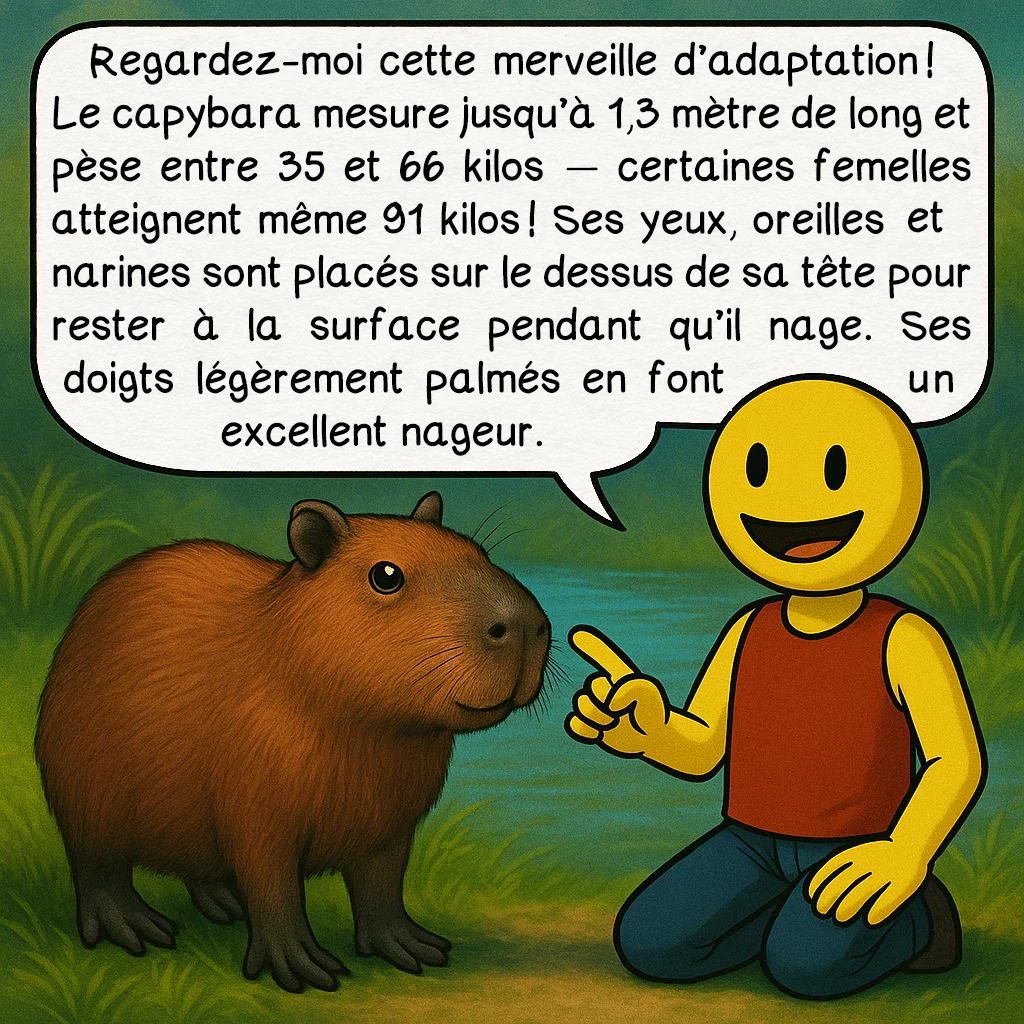 Le capybara, case 3 : Regardez-moi cette merveille d’adaptation ! Le capybara mesure jusqu’à 1,3 mètre de long et pèse entre 35 et 66 kilos — certaines femelles atteignent même 91 kilos ! Ses yeux, oreilles and narines sont placés sur le dessus de sa tête pour rester à la surface pendant qu’il nage. Ses doigts légèrement palmés en font un excellent nageur.