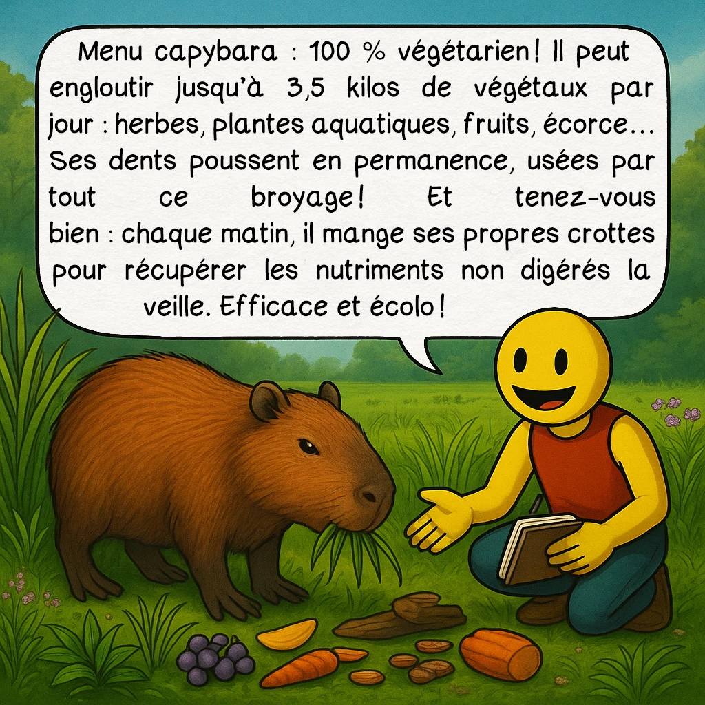 Le capybara, case 4 : Menu capybara : 100 % végétarien ! Il peut engloutir jusqu’à 3,5 kilos de végétaux par jour : herbes, plantes aquatiques, fruits, écorce… Ses dents poussent en permanence, usées par tout ce broyage ! Et tenez-vous bien : chaque matin, il mange ses propres crottes pour récupérer les nutriments non digérés la veille. Efficace et écolo !
