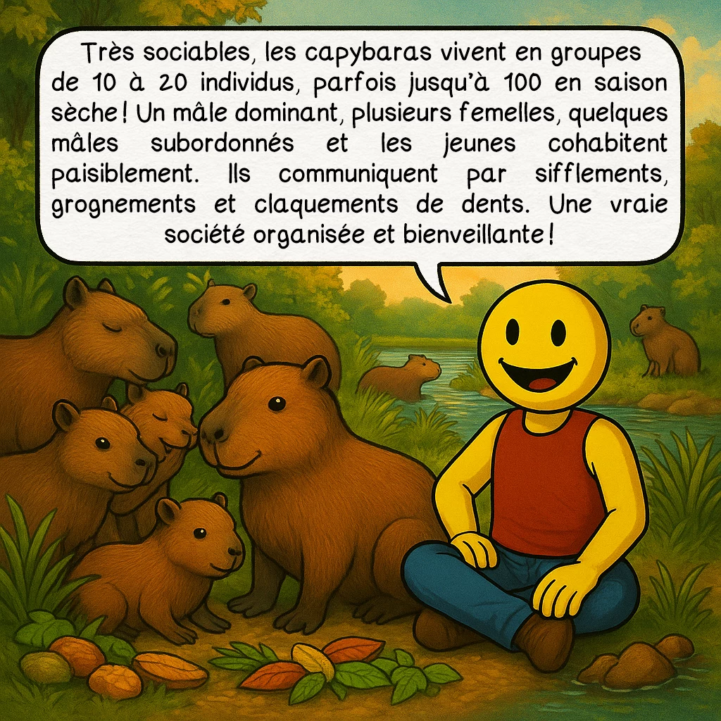 Le capybara, case 5 : Très sociables, les capybaras vivent en groupes de 10 à 20 individus, parfois jusqu’à 100 en saison sèche ! Un mâle dominant, plusieurs femelles, quelques mâles subordonnés et les jeunes cohabitent paisiblement. Ils communiquent par sifflements, grognements et claquements de dents. Une vraie société organisée et bienveillante !